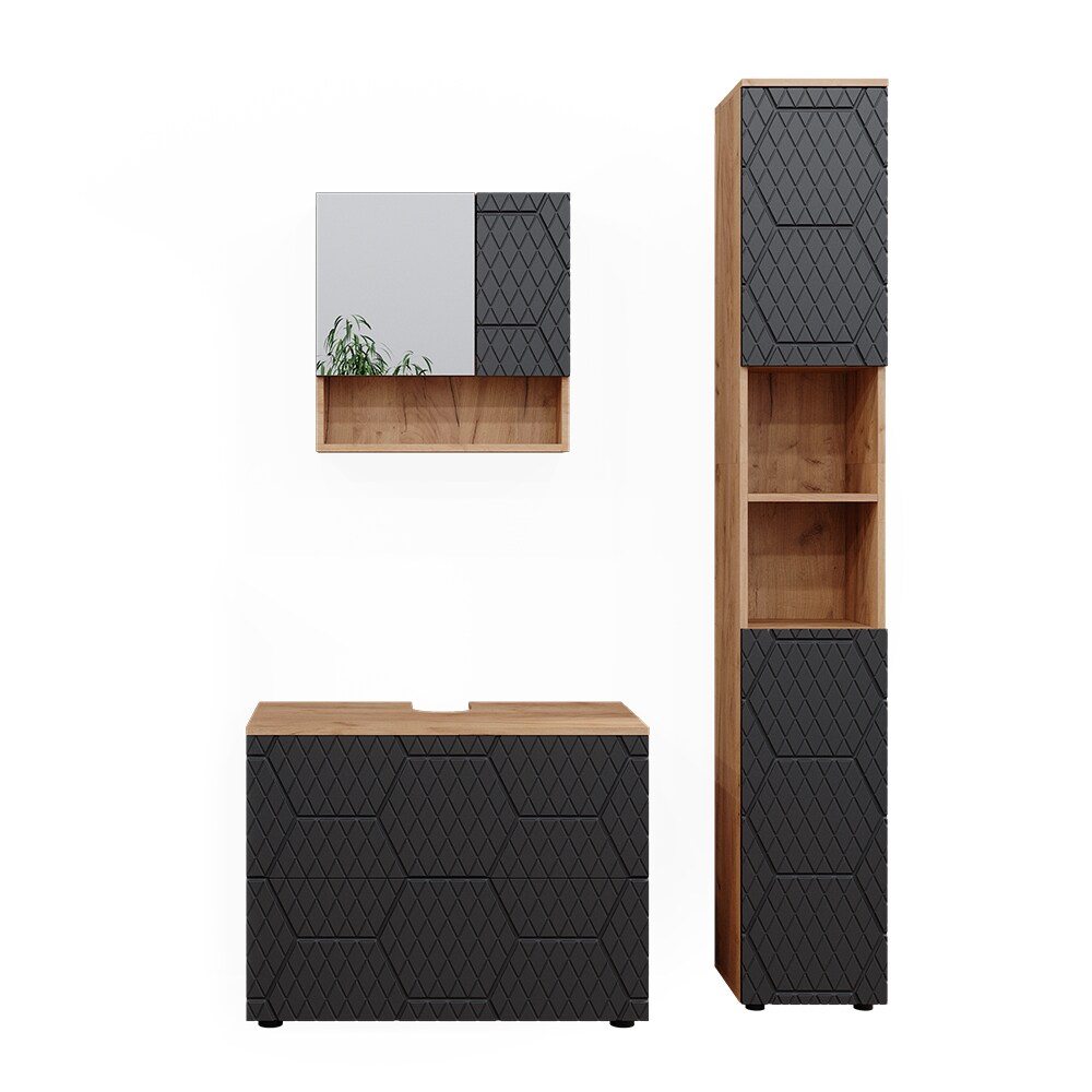 Vicco Badmöbel-Set Irma Eiche Anthrazit 3-teilig Hochschrank Waschbeckenschrank 80 cm