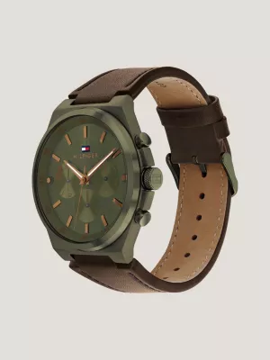 Relógio com pulseira de couro em tom oliva
