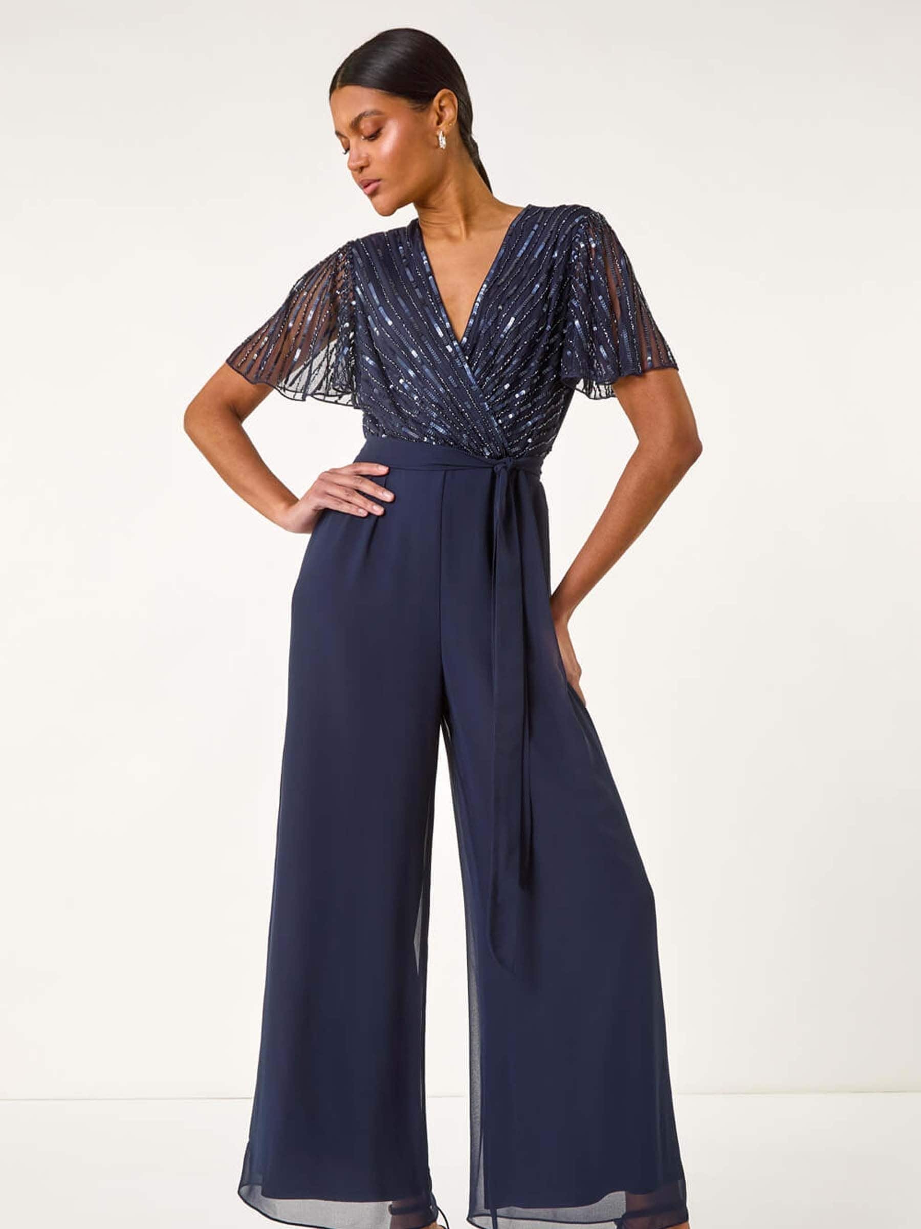 Roman Embellished Beaded V-Neck Jumpsuit
