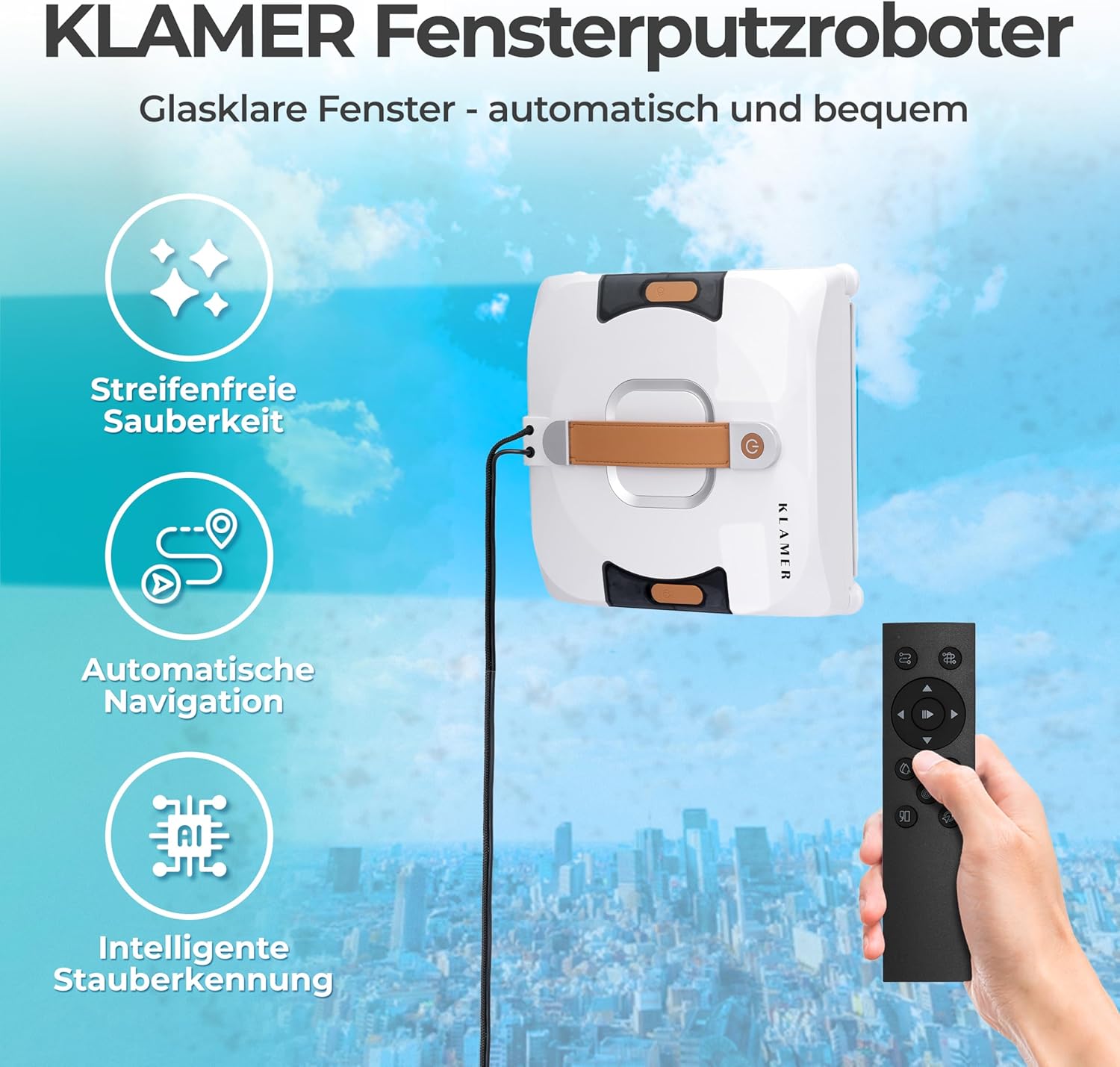 KLAMER Fensterputzroboter 3500 Pa – automatischer Fensterreiniger mit 100 ml Doppelwassertank, Nassreinigungsmodus & Rand-Erkennung, leise 60 dB, Absturzsicherung & Smart Pfadplanung