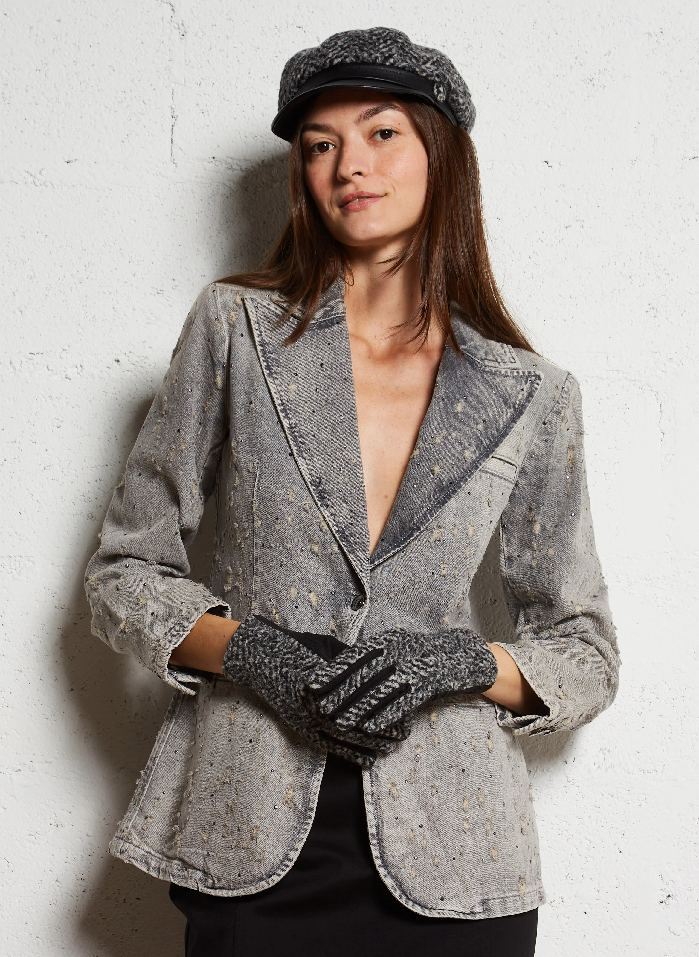 Veste en jean cintrée col tailleur en coton | Gris