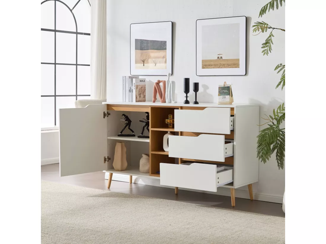 Buffet avec étagères, avec 3 tiroirs et espace de rangement ouvert, 140 x 40 x 80,5 cm, blanc