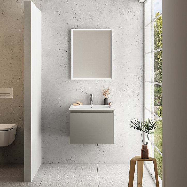 Meuble sous vasque à suspendre Pura gris 60 cm + plan vasque en résine blanc mat