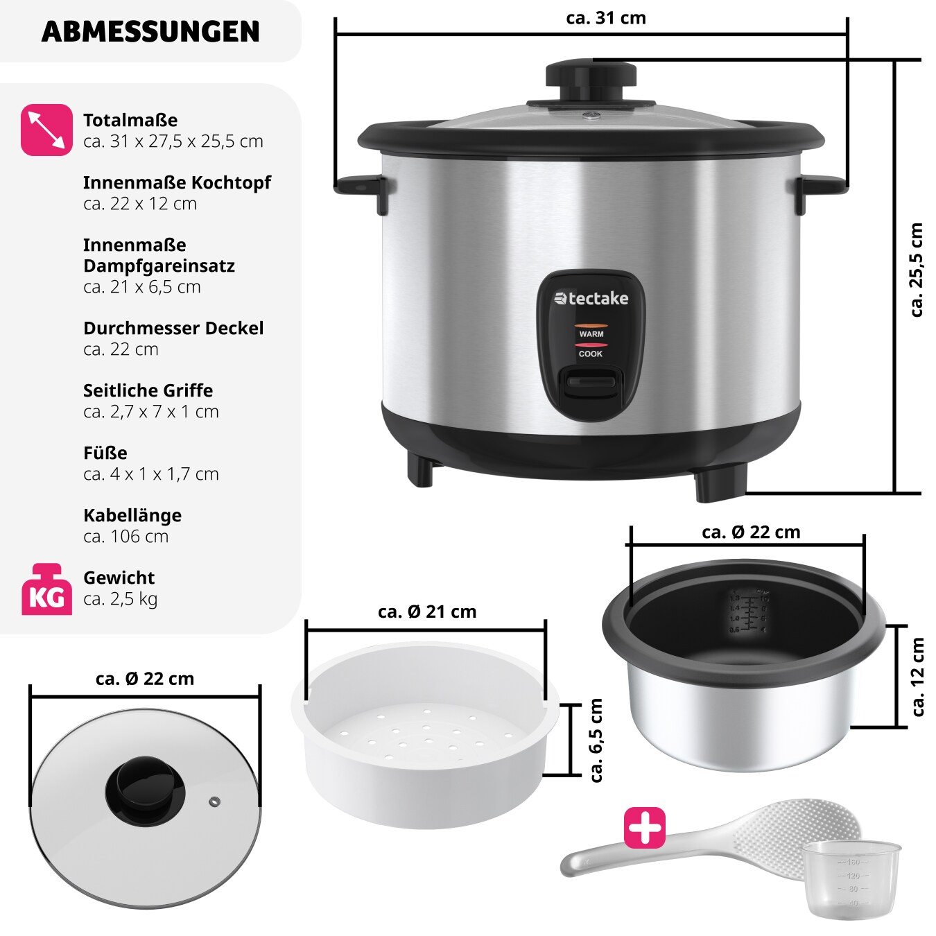 tectake® Reiskocher, 1,8 l, für 10 Portionen, Warmhaltefunktion, hitzebeständige Griffe, 31 x 27,5 x 25,5 cm