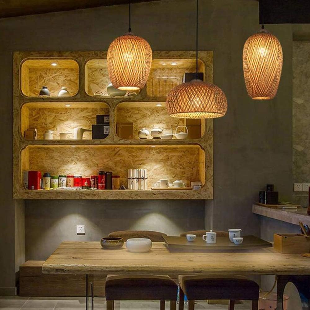 Rattan Bambus Pendelleuchte Retro Stil Laterne Kronleuchter Antik Holz Esszimmer Lampe Landhaus Hängelampe Wicker Lampenschirm Schlafzimmer Wohnzimmer Deckenlampe E27 Pendellampe 3 Leuchte