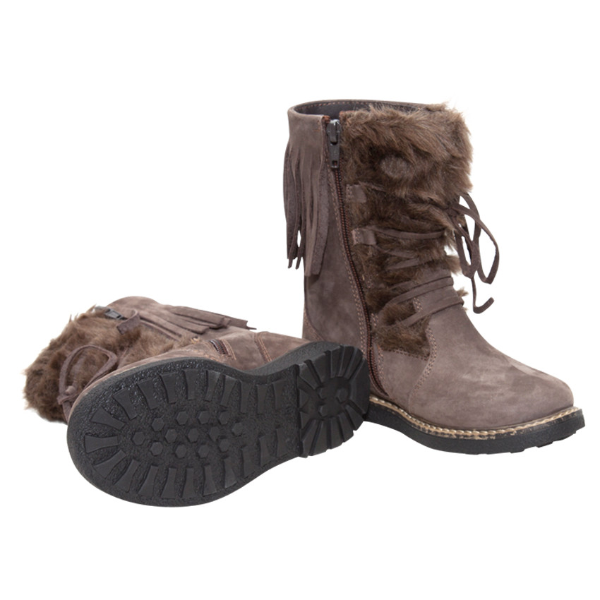 Bottines en cuir à laçage avec fausse fourrure et franges
