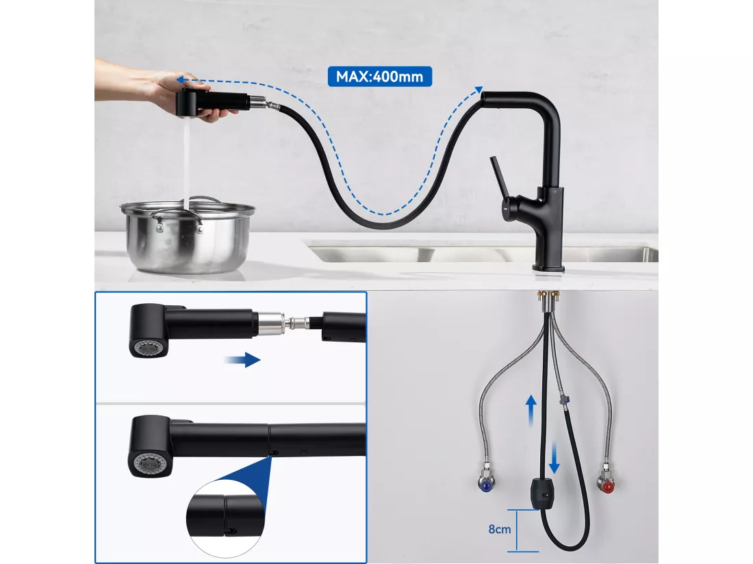 Mitigeur Cuisine Noir avec Douchette Extensible,Robinet Cuisine avec 2 Jets,Mitigeur Evier Rotatif à 360°,Robinet Evier Eau Chaude et Froide