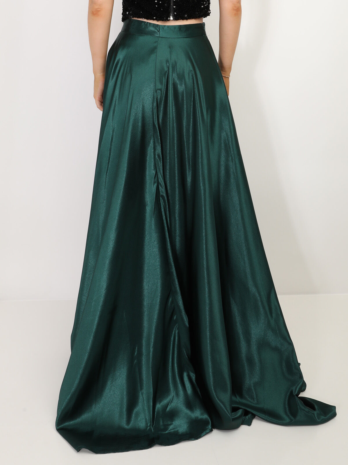 Jupe longue taille haute effet satiné- Vert foncé
