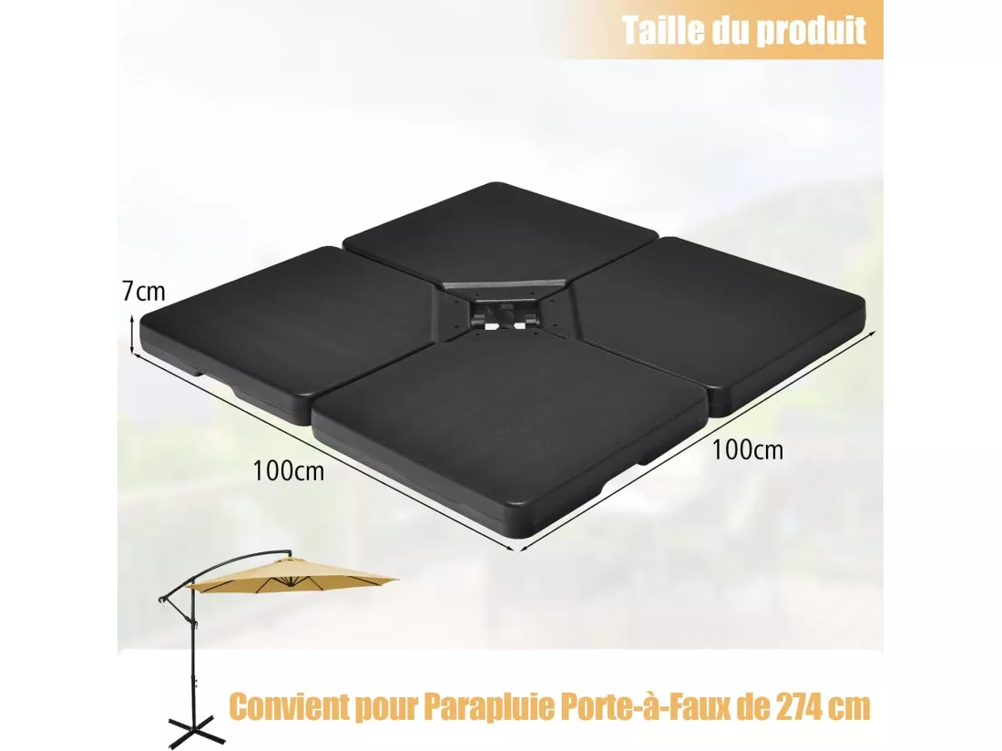 Dalle Parasol Déporté Lot de 4, Lestage Poids Parasol Carré en HDPE à Remplir 13 L d'eau ou 19,5 Kg de Sable, Base pour Parasol avec Poignée, Rond, Protection UV, 100 x 100 x 7 cm