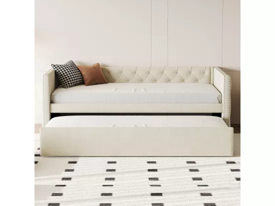 Lit gigogne Lit adulte Lit banquette 90 x 200 avec Sommier à lattes Lit d'invité Velours Beige