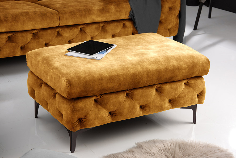 Chesterfield Hocker MODERN BAROCK 90cm senfgelb Samt Sitzhocker Fußhocker