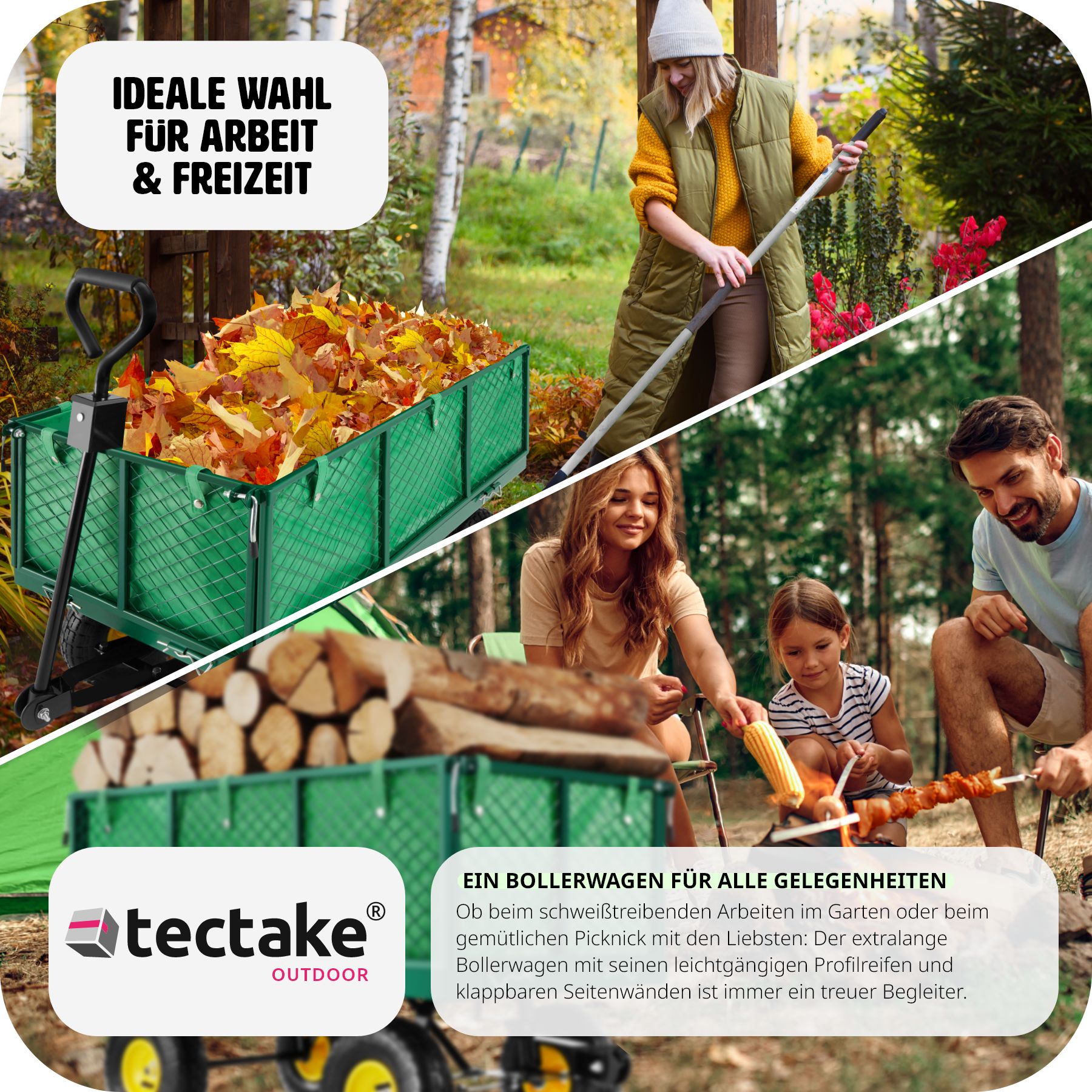tectake® Bollerwagen, mit klappbaren Seitenwänden, leichtgängige Lenkachse mit gepolstertem Griff, Belastbarkeit 550 kg