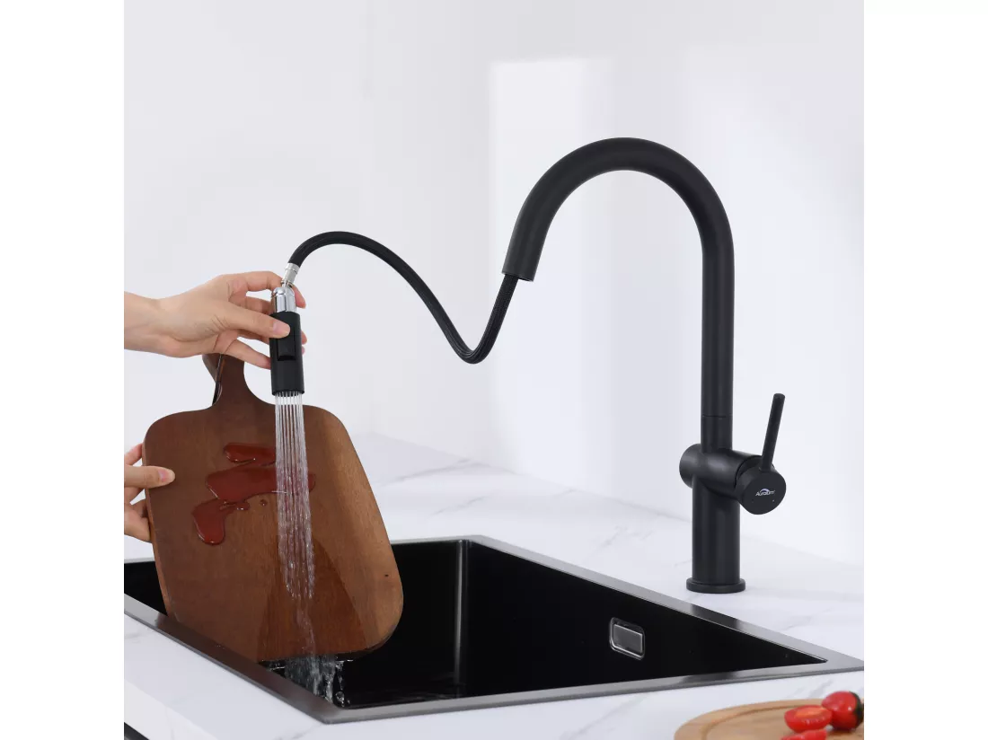 Mitigeur Cuisine Noir avec Douchette Haute Pression,Acier Inoxydable,Robinetterie Cuisine Extractible Pivotant à 360°, avec 2 Types de Jets