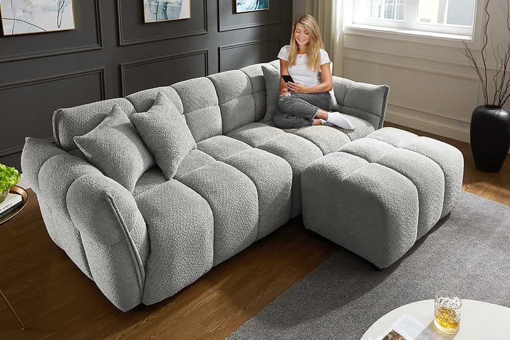 Modernes XXL Sofa CLOUD 260cm grau Bouclé Bigsofa Federkern inkl. Kissen