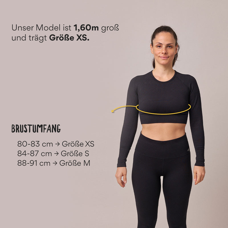 Geripptes Sportshirt langarm Damen aus recyceltem Polyamid Schwarz
