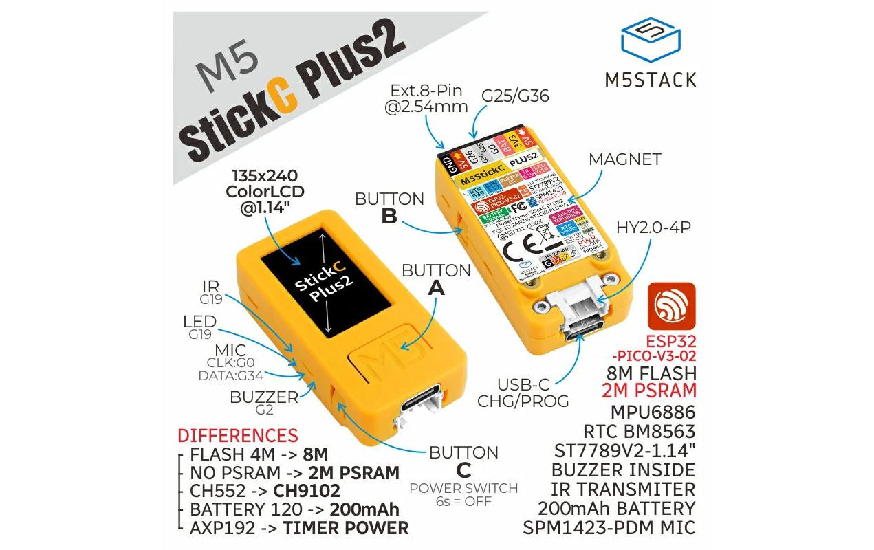 Development Kit M5StickC Plus2 ESP32-picoEntwicklerboard mit Display und Wlan