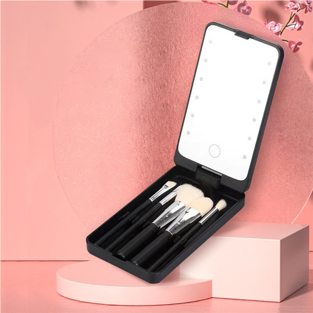 (6-tlg. Set) Reise Make Up Pinsel USB LED Taschen Schminkspiegel mit Touch Sensor - Rosa