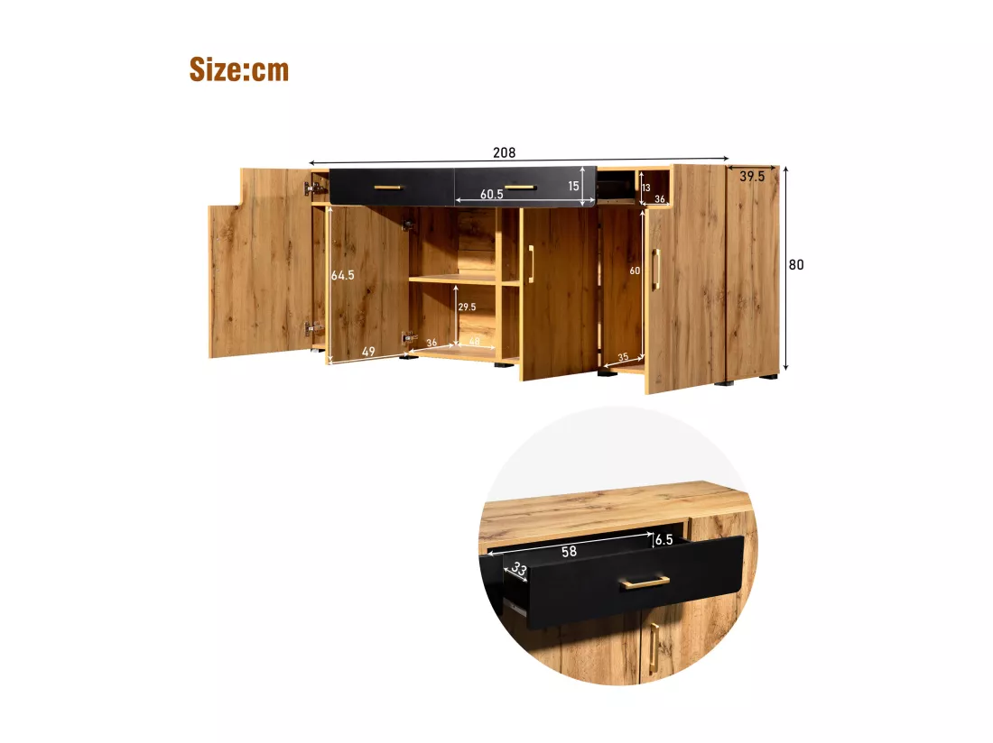 Buffet effet bois et noir 4 portes 2 tiroirs poignées dorés 208x39,5x80cm HERNON