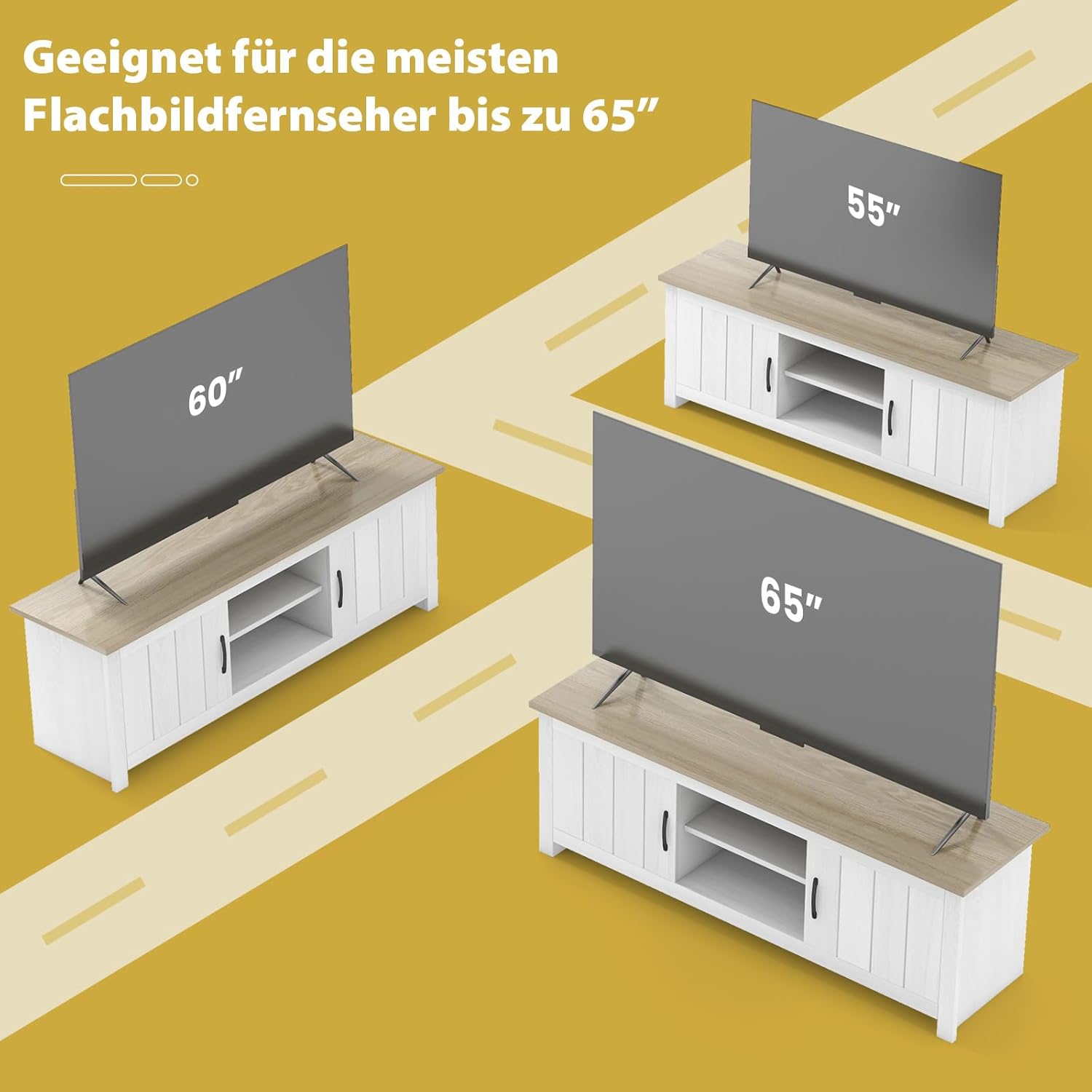 COSTWAY TV Schrank, Lowboard mit 2 Türen und offenen Regalen, TV Ständer für Fernseher bis 65 Zoll, Fernsehtisch, Fernsehschrank für Wohnzimmer, Schlafzimmer, 145 x 40 x 50 cm (Weiß + Grau)