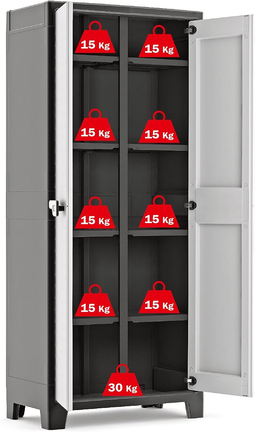 Keter Titan Kunststoffschrank/Besenschrank, Utility, schwarz/grau, 80 x 44 x 182 cm, inkl. Einlegeböden, für drinnen und draußen, wasserdicht, aus 70% recycelten Materialien