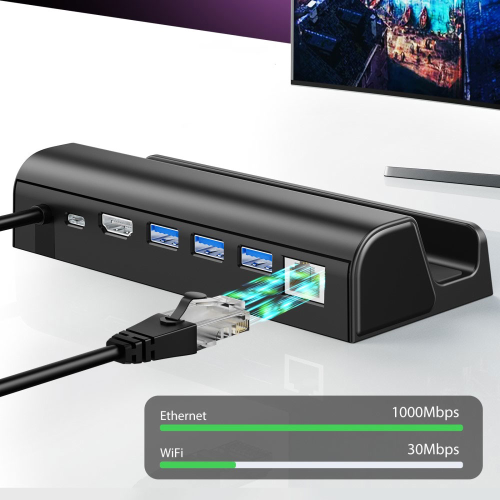 Steam Deck / OLED Dockingstation Ladegerät Charging Dock Stand mit HDMI 4K@60Hz / USB C PD 100W / LAN / 3x USB A 3.1 - Schwarz