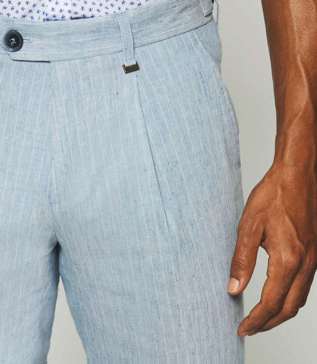 Pantalon chino à rayures en lin bleu ciel PLAISANCE