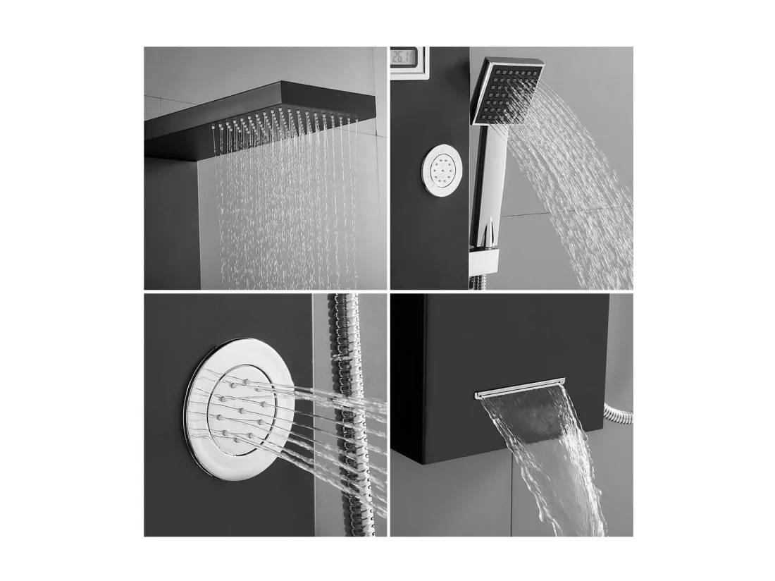 Colonne de Douche Noir,Panneau de Douche Acier Inox Multifonction avec Écran LCD, Colonne Douche Hydromassante avec Mitigeur et Buses Massants