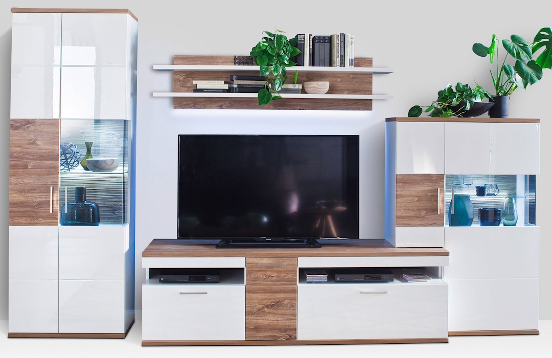 Wohnwand 320 cm NB weiß /Hochglanz weiß mit Sterling Oak