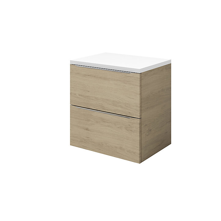 Ensemble l.60 cm meuble sous vasque Imandra marron à suspendre + plan de toilette Marloes aggloméré blanc brillant