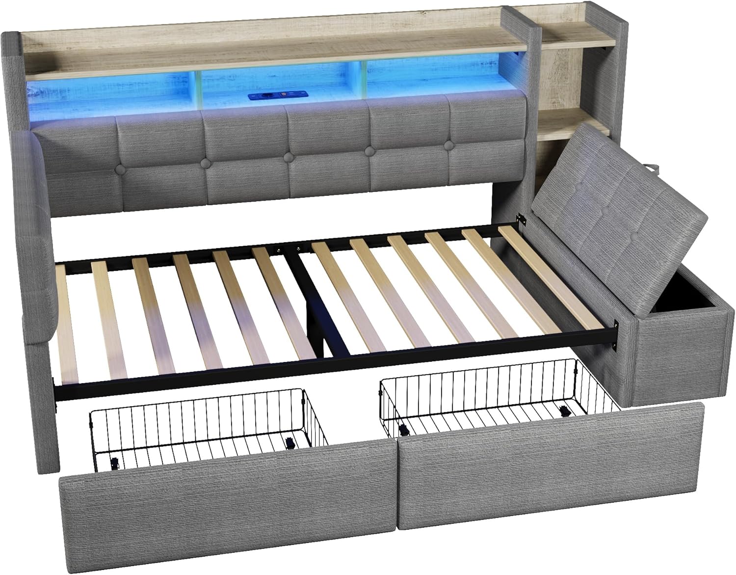 Tagesbett, Daybett, Schlafsofa, 90×190cm, mit Zwei Schubladen, USB- und Typ-C-Anschlüssen, Ablagefach, Stauraumbank am Fußende, LED-Lichtleiste, Ohne Matratze, Samt (Dunkelgrau)