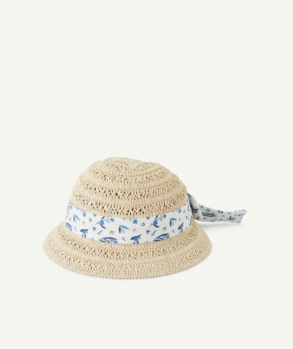 CHAPEAU DE PAILLE FILLE AVEC BANDE DE TISSU BLANC FLEURI