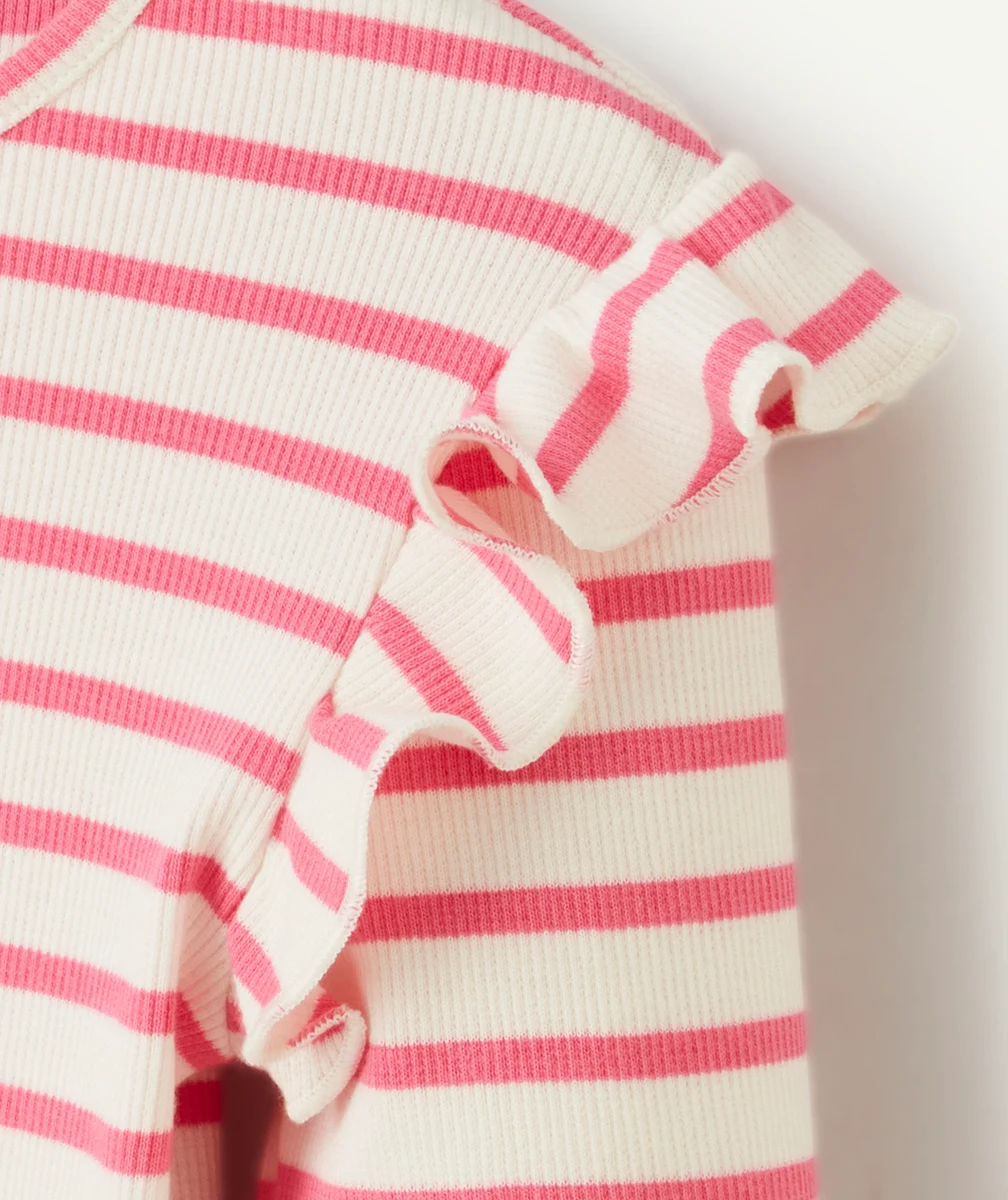 T-SHIRT CÔTELÉ FILLE EN COTON BION RAYÉ ROSE ET VOLANTS