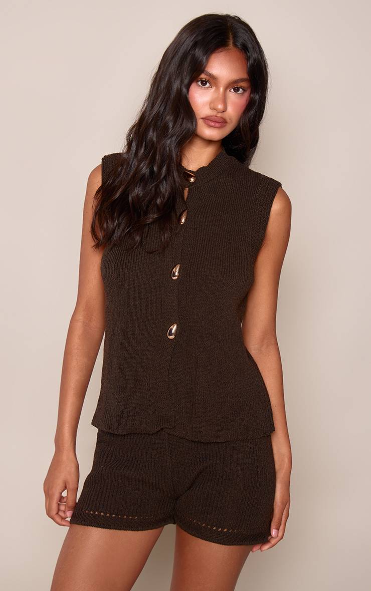 Chocolat Gilet Sans Manches Au Crochet Avec Bouton Doré