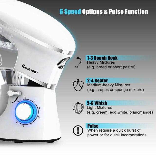 Batedeira de pedestal Costway de 6 velocidades, 660 W, com gancho para massa e batedor de arame, 6,3 qt (6,3 litros), branca.