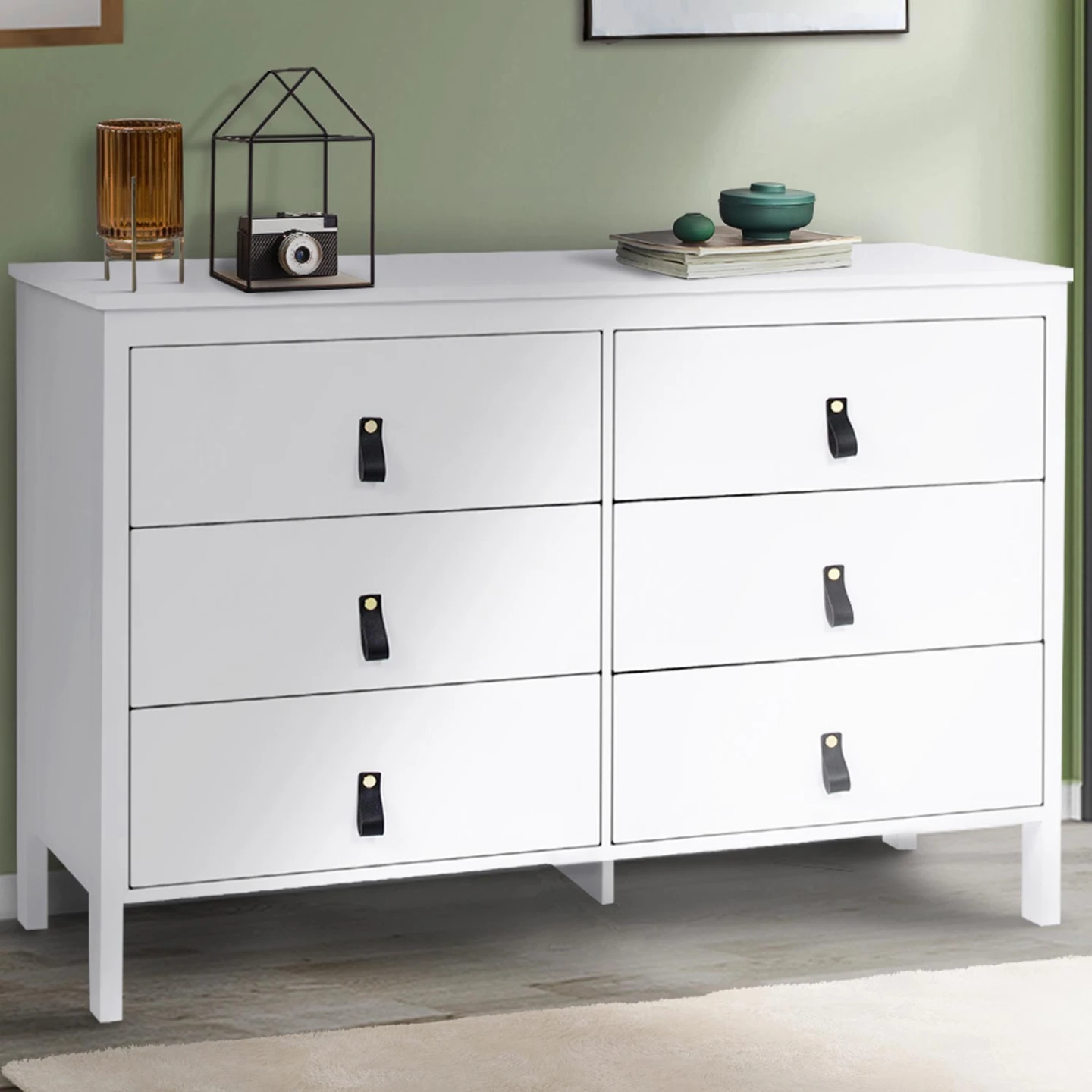 Commode 6 tiroirs MILANO 115 cm bois blanc avec poignée languette noire