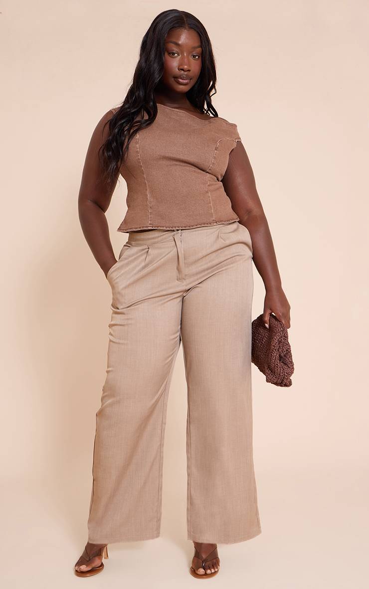 Marron Haut En Denim Stretch Épaules Dénudées Grande Taille