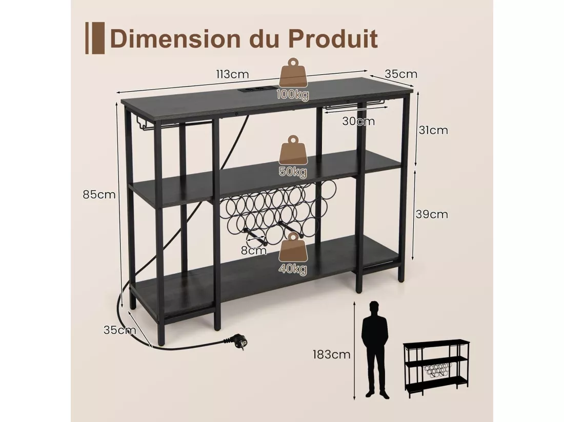 Étagère à vin 15 bouteilles, étagères de rangement, prises de courant, 2 ports usb (gris)