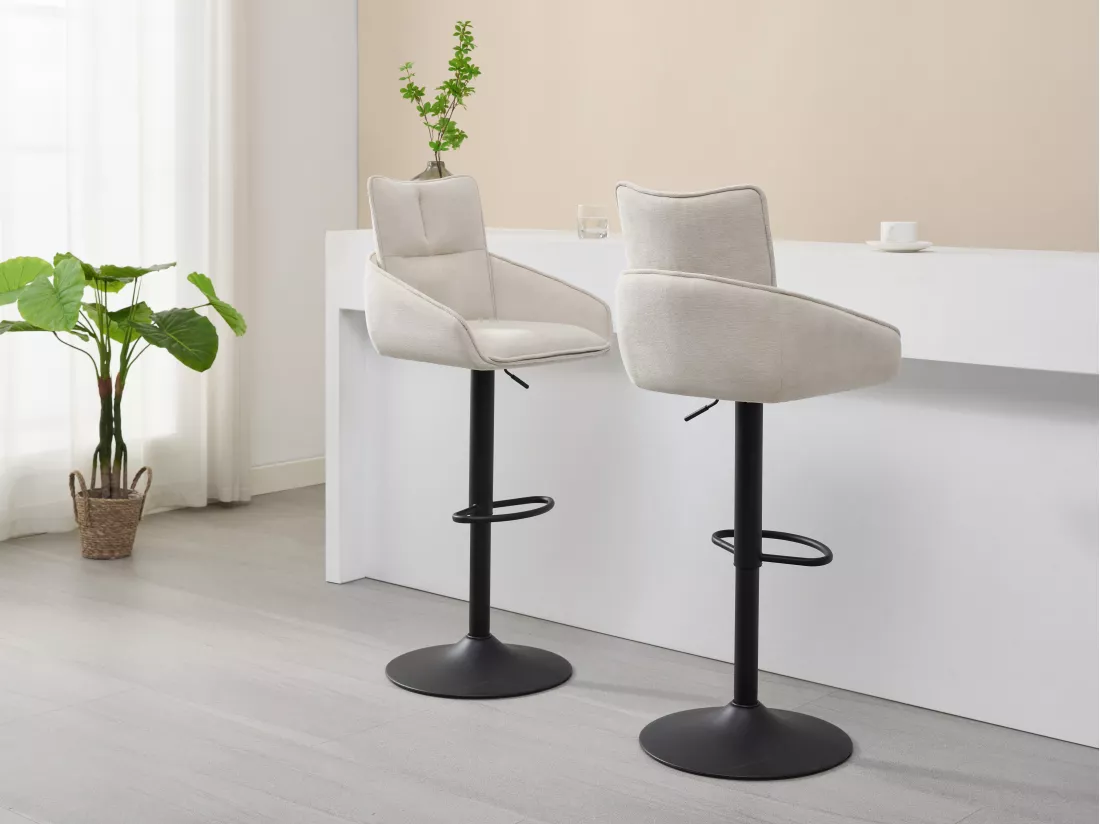Lot de 2 tabourets de bar en tissu et métal noir - Hauteur réglable - Crème - LIKOLIA