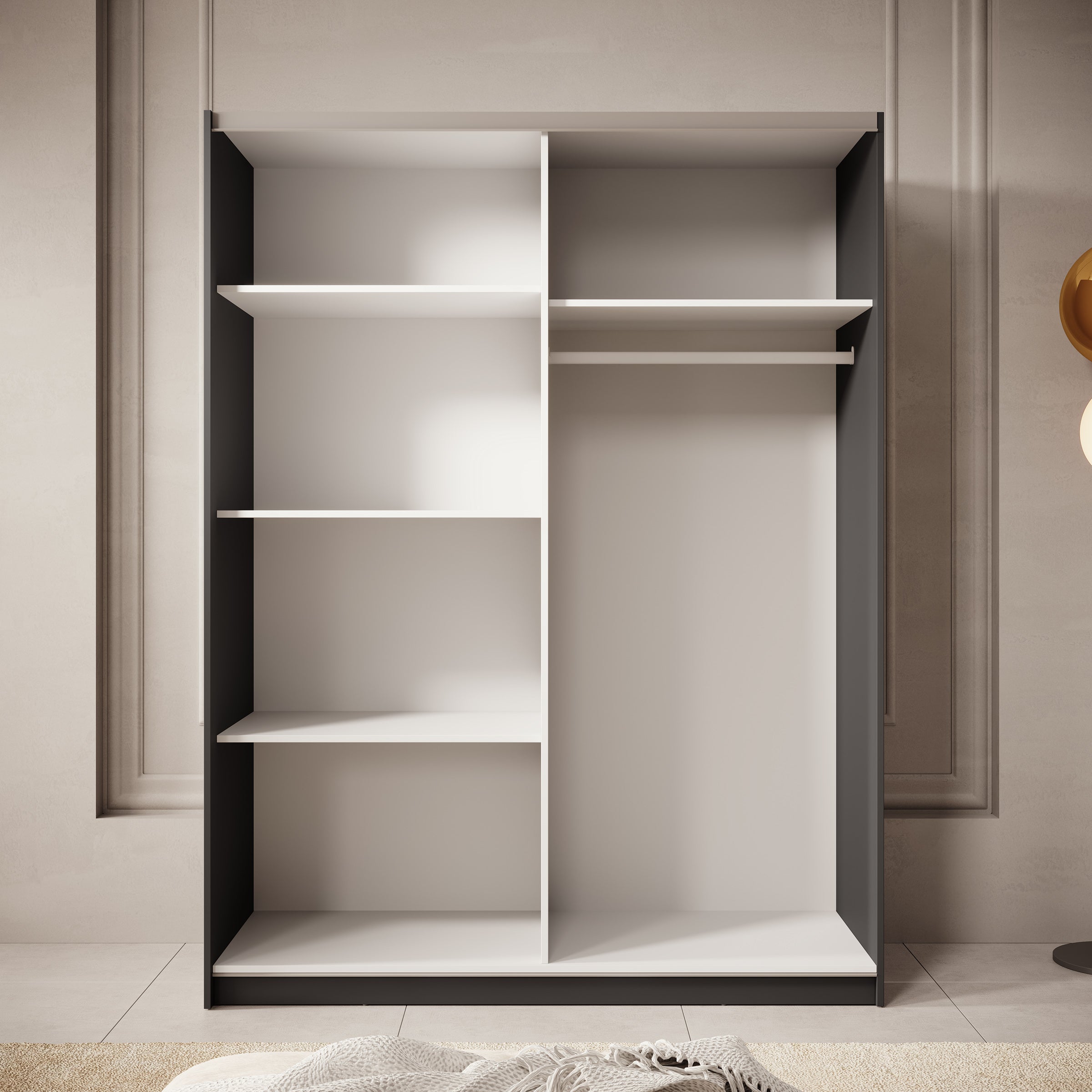 Meubella - Kledingkast Boets - Zwart - Eiken - 150 cm - Met spiegel