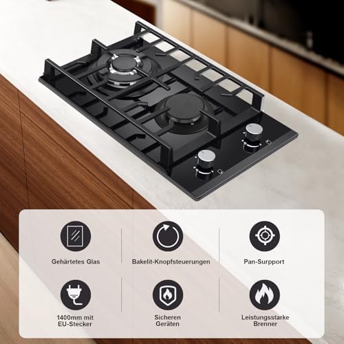 TopStrong Plaque de Cuisson Gaz 4 Feux, 60cm Plaque Gaz 4 Feux avec Sécurité Thermocouple, Cuisinière Encastrable, Naturel/Propane, 8060W, 220 240 V, Verre Noir : Gros électroménager