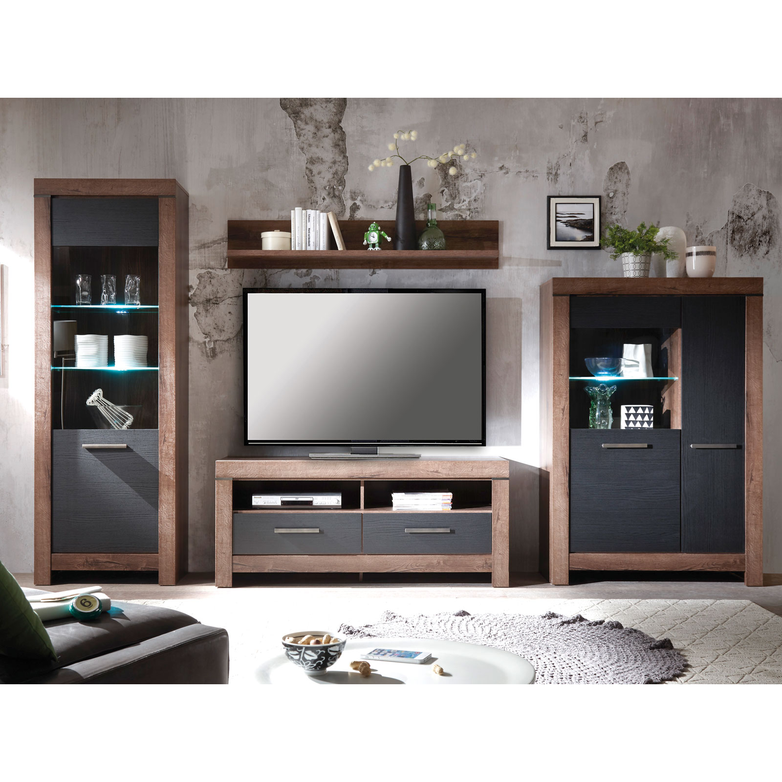 4-teiliges Wohnwand-Set - Schlammeiche-Schwarzeiche - Vitrine