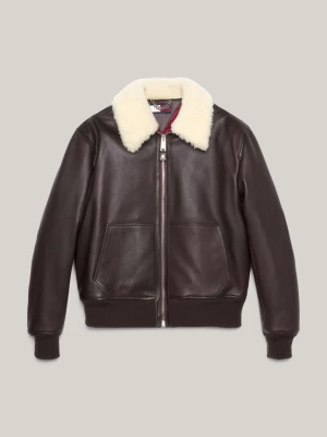 Jaqueta Bomber Crest de Couro com Gola a Penas e Corte Relaxado
