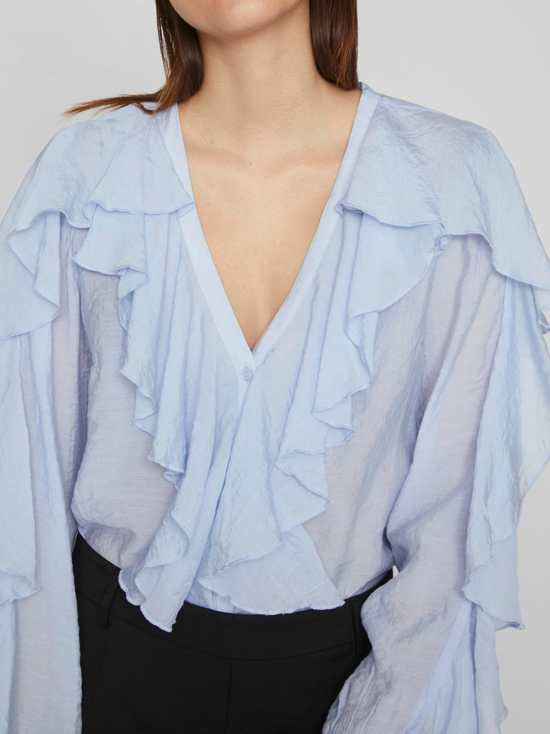Vila  Vinabia V-neck L/S Flounce bluse - Kentucky Blue