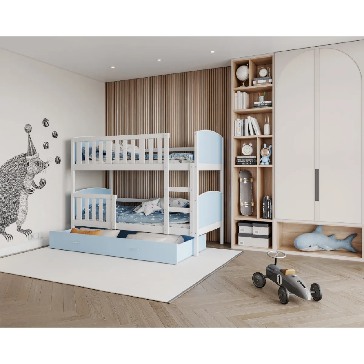 Kids Literie Lit Superposé Tomy 90x190 Blanc-Bleu