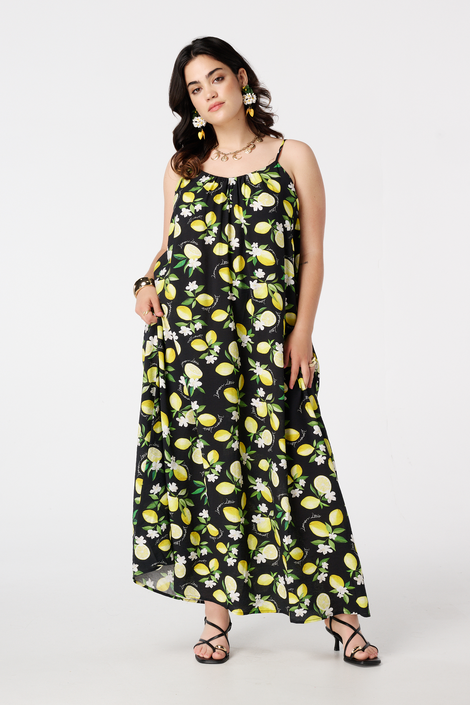 Maxi jurk met citroenprint Multi zwart-wit