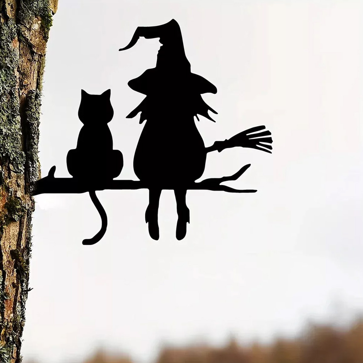 (20x15cm) Metall Hexe Silhouette Katze Baum Dekoration Garten Accessoire - Schwarz