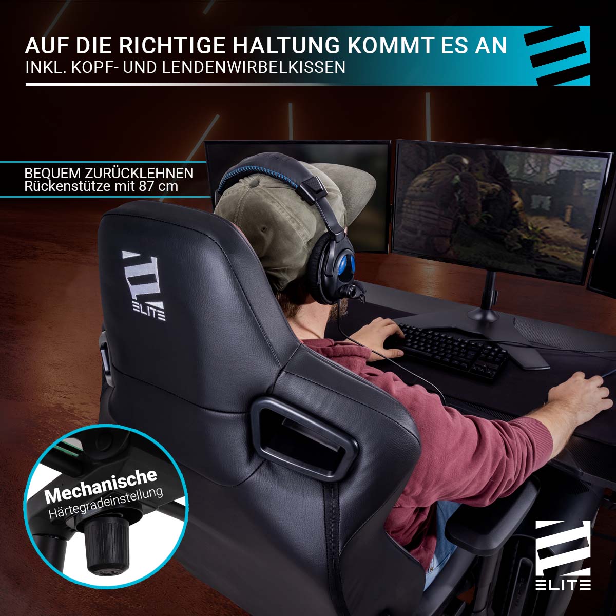ELITE Gaming-Stuhl MERCENARY groß, ergonomisch mit Premium-Rücken- und Kopf-Nackenkissen, 48-53cm (Weiß/Pink)
