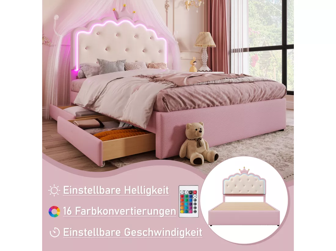 Lit gigogne 140 x 200 cm avec tête de lit en couronne - Cuir PU - LEDs - Sommier à lattes - Rose (Sans matelas)