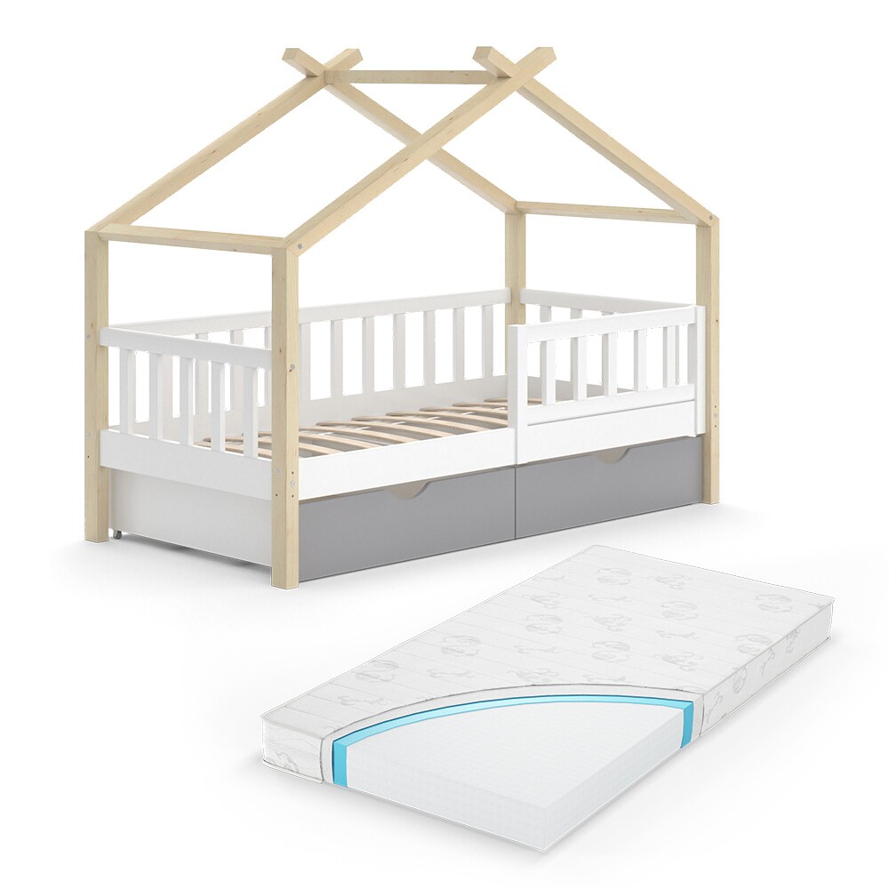 VitaliSpa Kinderbett Hausbett Einzelbett Design Weiß Grau Natur modern 80x160 cm Kinderzimmer Bett Massivholz Lattenrost Schublade Rausfallschutz Schubladenbett Matratze