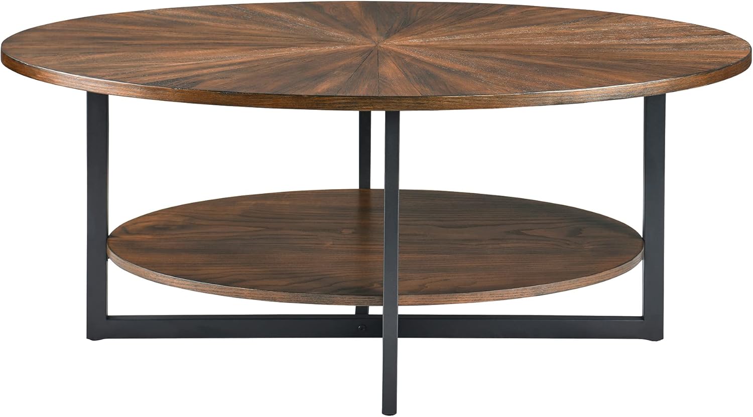 Massivholz Couchtisch rund für 2 Etagen, Ovaler Couchtisch im Modern-vintage Stil, Massivholzplatte & Kreuzförmige Eisenbeine, Kaffeetisch, Wohnzimmertisch, 110 x 66 x 45.5 cm, einfache Montage, NC